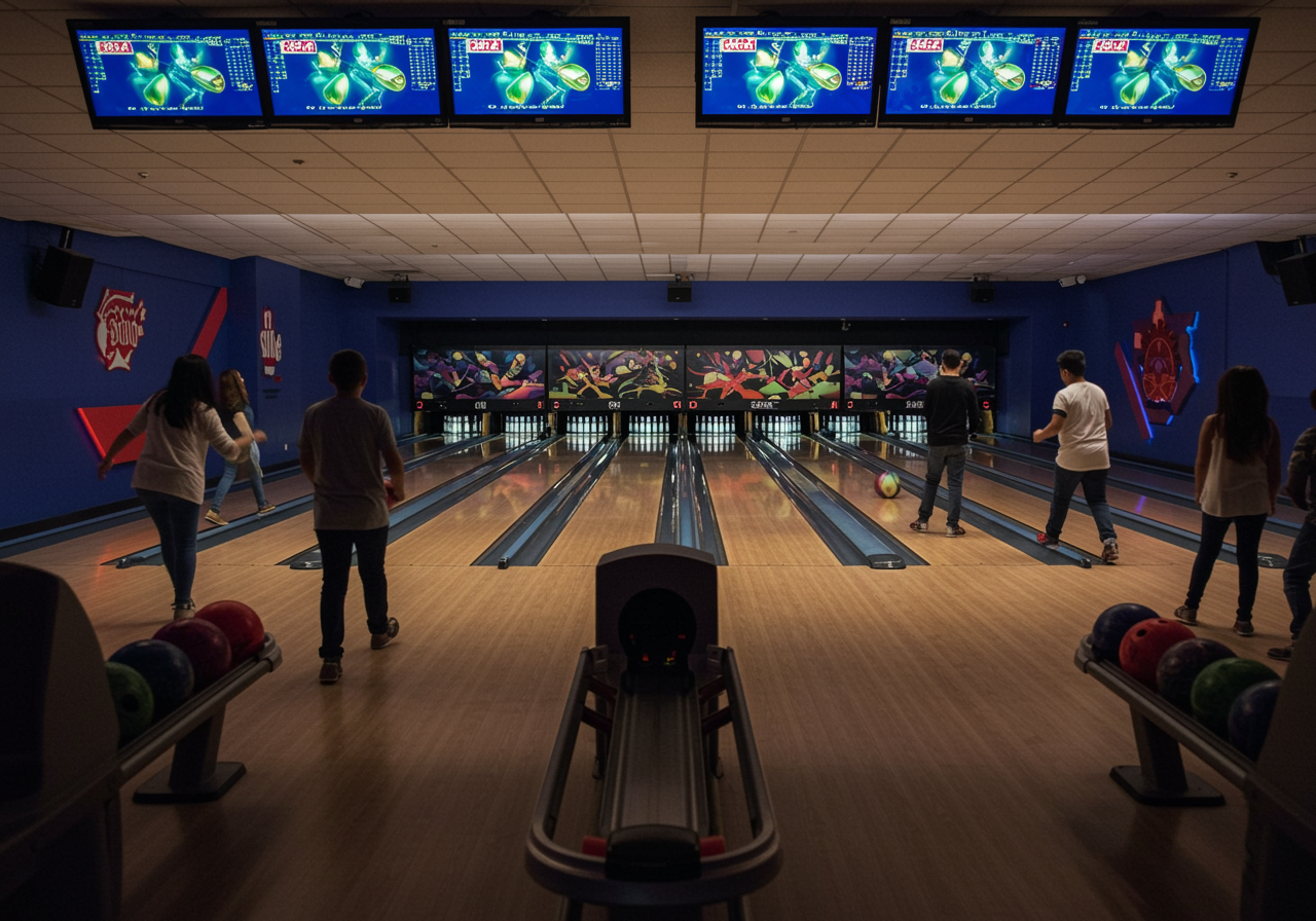 a colorful bowling alley