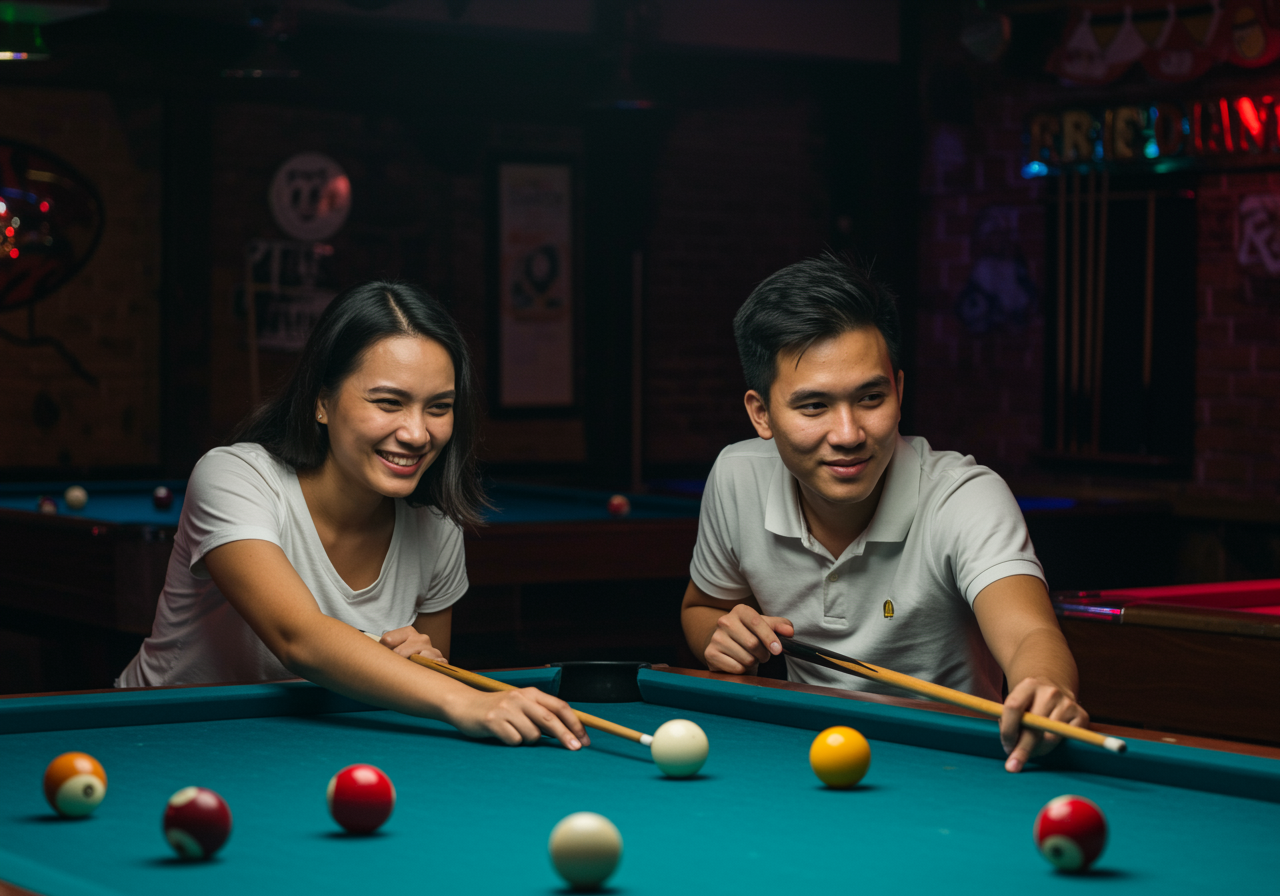 billiard players smiling
