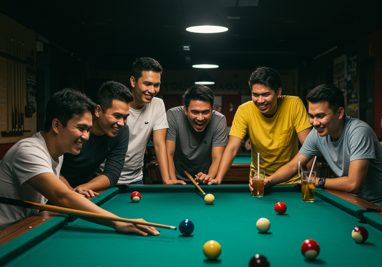 group of friends playing billiards after work 